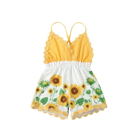 

Xingqing Baby Girl’s Summer Suspender Jumpsuit Sunflower Print Stitching High Waist Short Pants