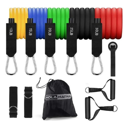 HolaHatha Resistance Band 110lb Maximum Workout Set w/ 5 Bands & 2 Handles