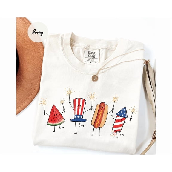Cute Fourth of July Shirt, Patriotic Doodle Tee, Summer Cookout T-Shirt, Unisex Garment Dyed Tee