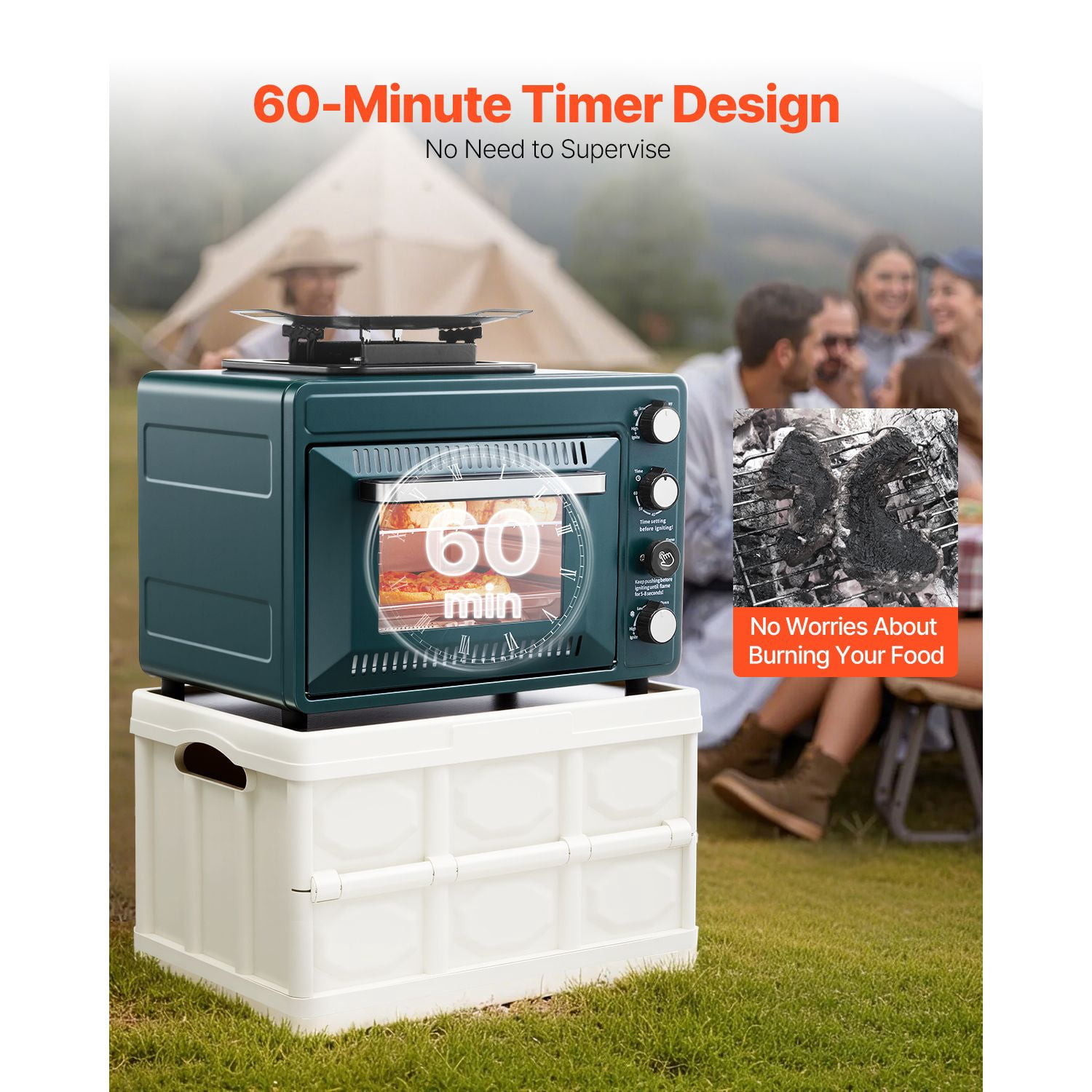 2-in-1 convenient gases Camping Stove Oven Combo, Adjustable Fire, 60-Min Timer, Windproof, Grill Shelf & Roasting Tray for Backyard Picnic