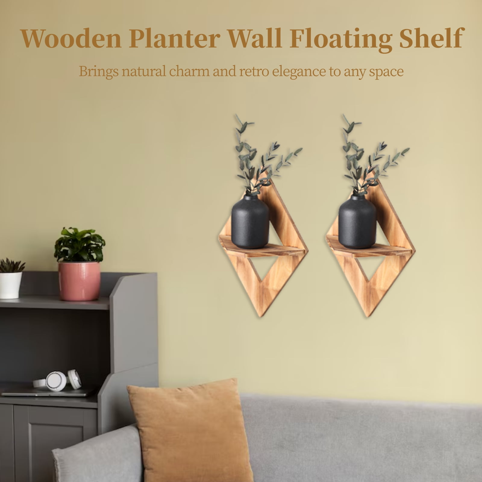 2 Pcs Geometric Wall Hanging Planter - Rhombic Charcoal Wooden Shelf | Bohemian Decorative Flower Pot Rack, Indoor Storage Display Shelves for Plants, Books, Decor