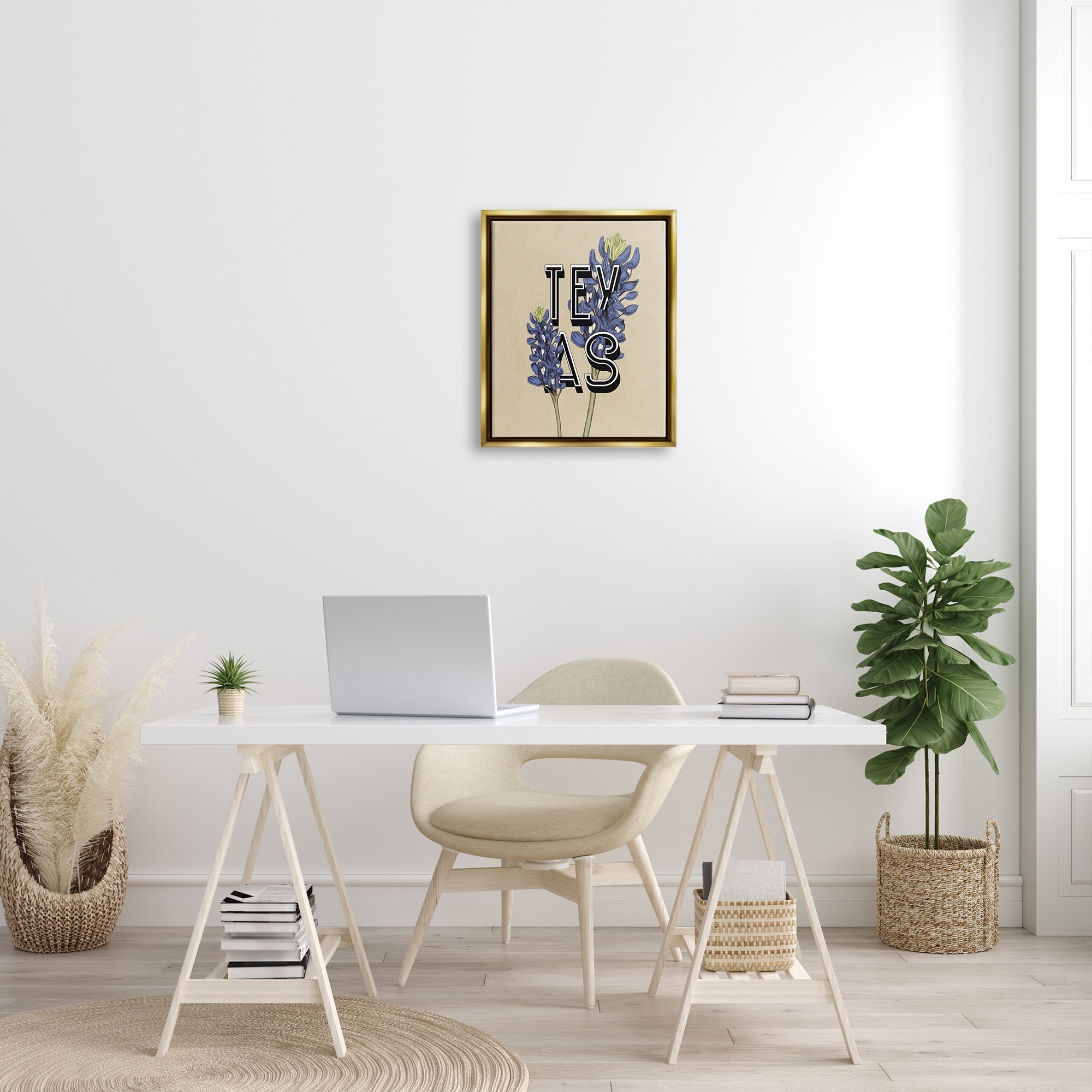 Stupell Industries Texas State Flower Bluebonnet Plant Sprigs Typography Graphic Art Metallic Gold Floating Framed Canvas Print Wall Art, Design by Daphne Polselli
