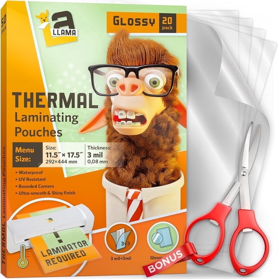 Thermal Laminating Pouches 11.5" x 17.5", 3 Mil, 20 Pack, Menu Size 11" x 17" Laminating Sheets, Glossy Finish, Compatible with Thermal Laminators