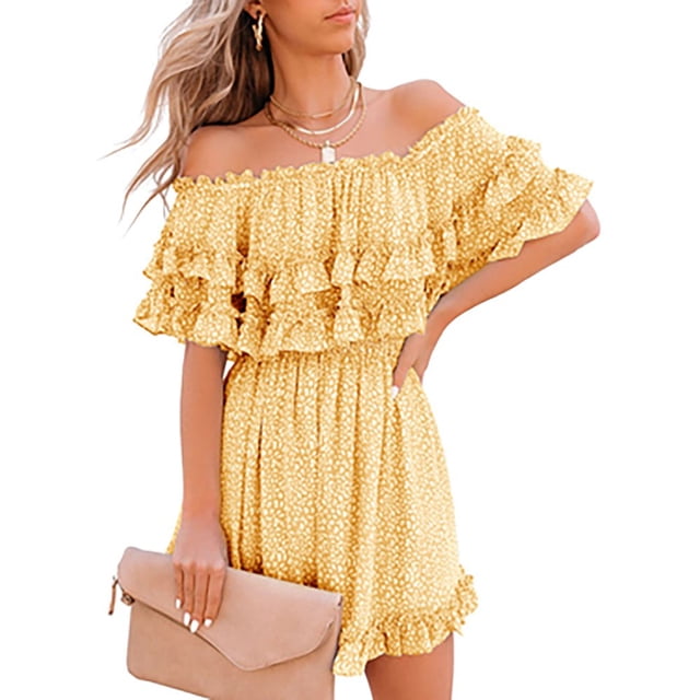 Robe d'Été pour Femmes à Épaules Dénudées, Plissée, Fluide, Col, Ceinture, Robe Imprimée