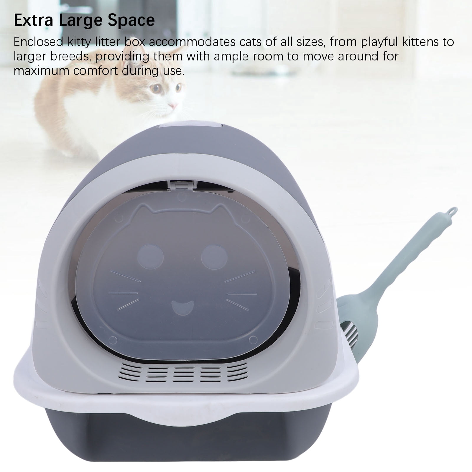 LAZIOEGR Enclosed Plastic Litter Box Extra Large Odor Resistant Easy Cleaning Covered Kitty Litter Box with Scoop for Indoor Cats, Gray (20.87 inches / 53 cm)