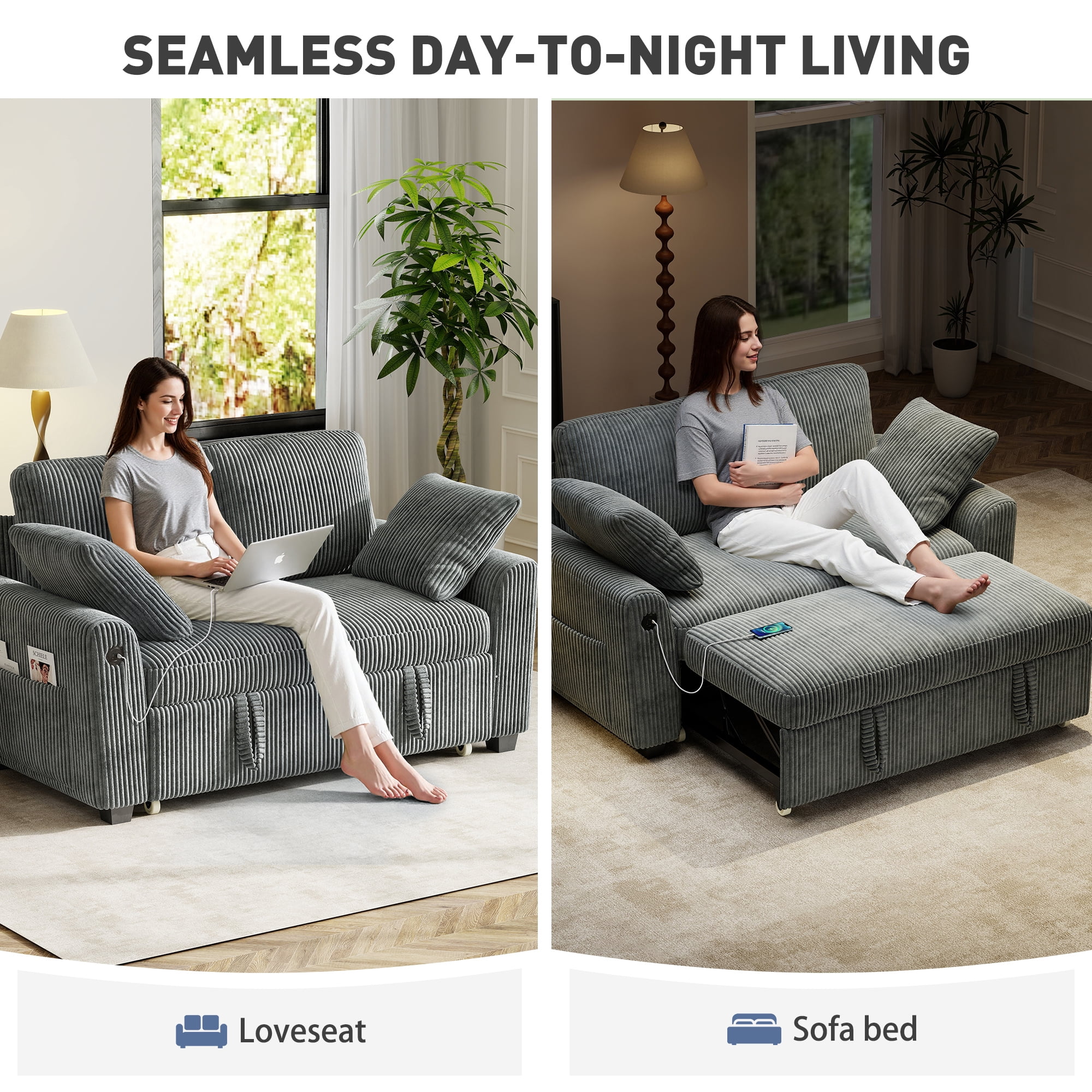 BedLuxury 59" Loveseat With Pull Out Bed, Sleeper Sofa Bed With USB Charging & Side Storage for Small Spaces, Corduroy Gray