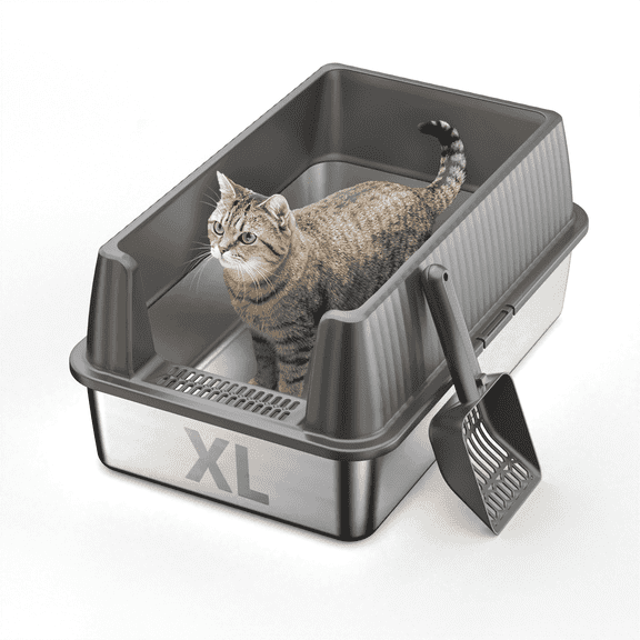 Nycoba Extra Large Stainless Steel Cat Litter Box, High Sided Non-Stick Leak Proof Litter Pan with Scoop for Large Cats, Gray