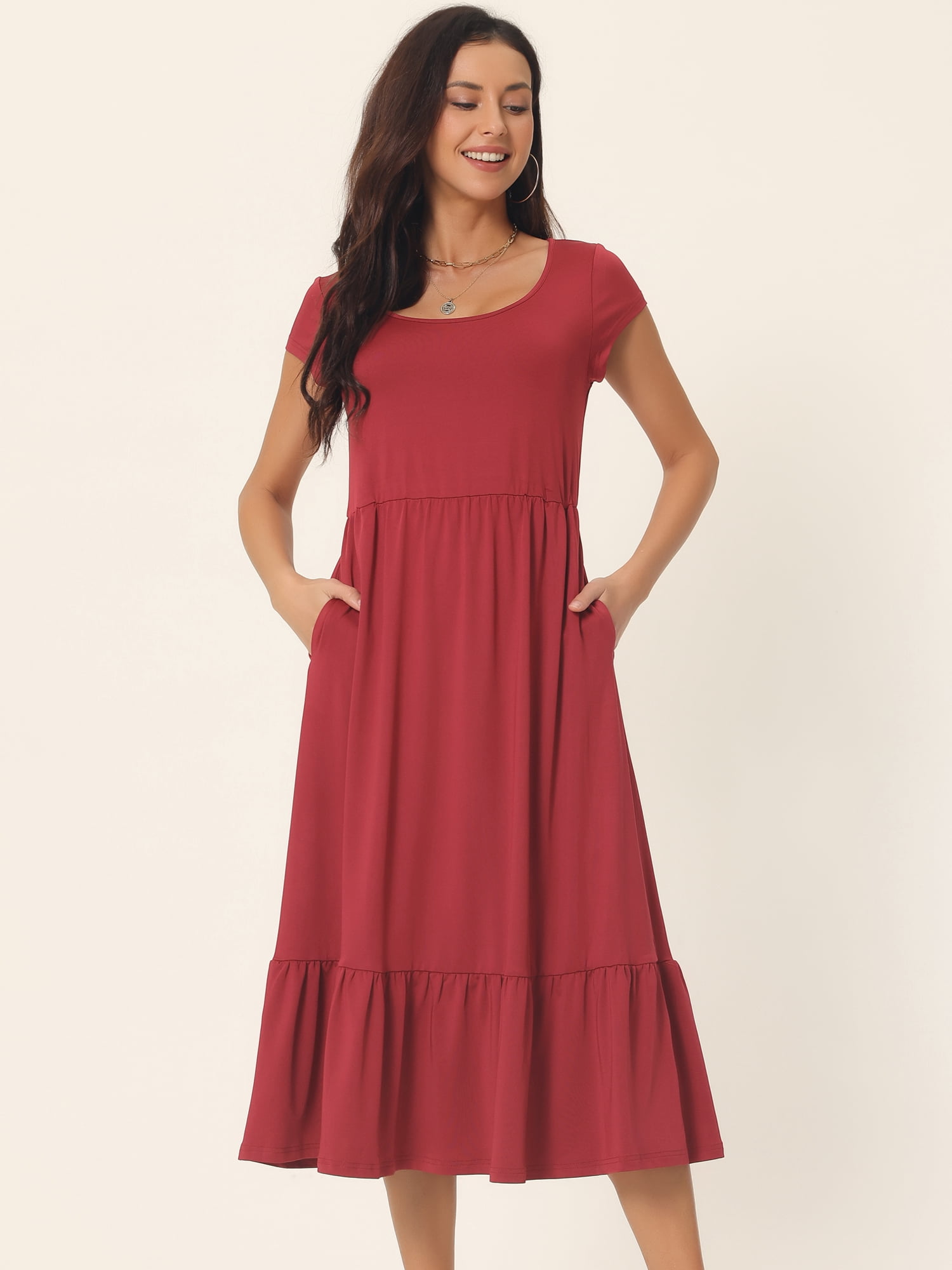 Unique Bargains Women's Tiered Round Neck Ruffle Hem Short Cap Sleeve Knit Midi Dress S Wine Red