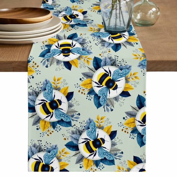 Teal Green Bees Farmhouse Table Runner 60 Inches, Spring Summer Botanical Flowers Bed Runner Dresser Scarves Tabletop for Indoor Outdoor Parties/Ceremony/Banquet, 13" x 60"