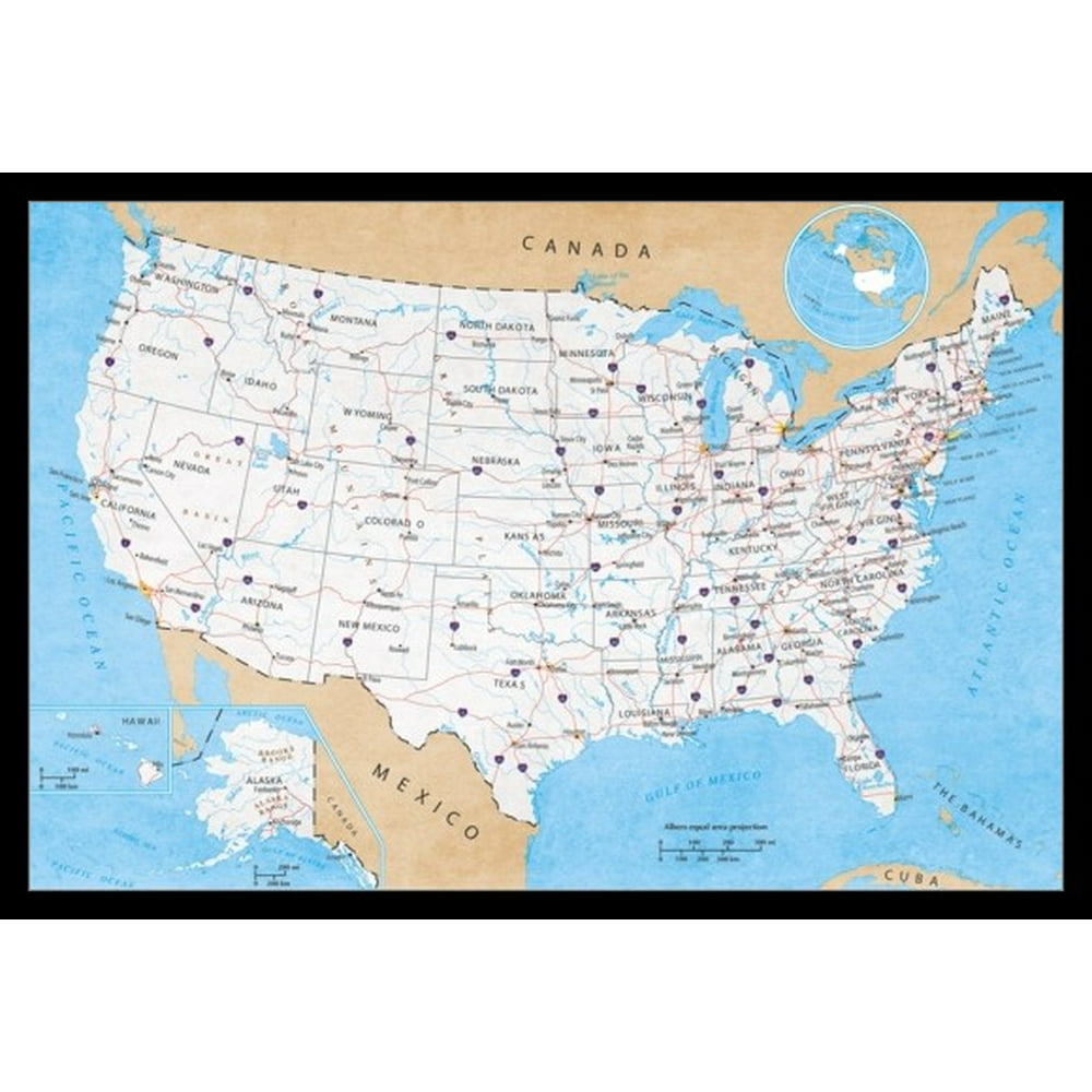 map of usa road map laminated framed poster 36 x 24 walmartcom