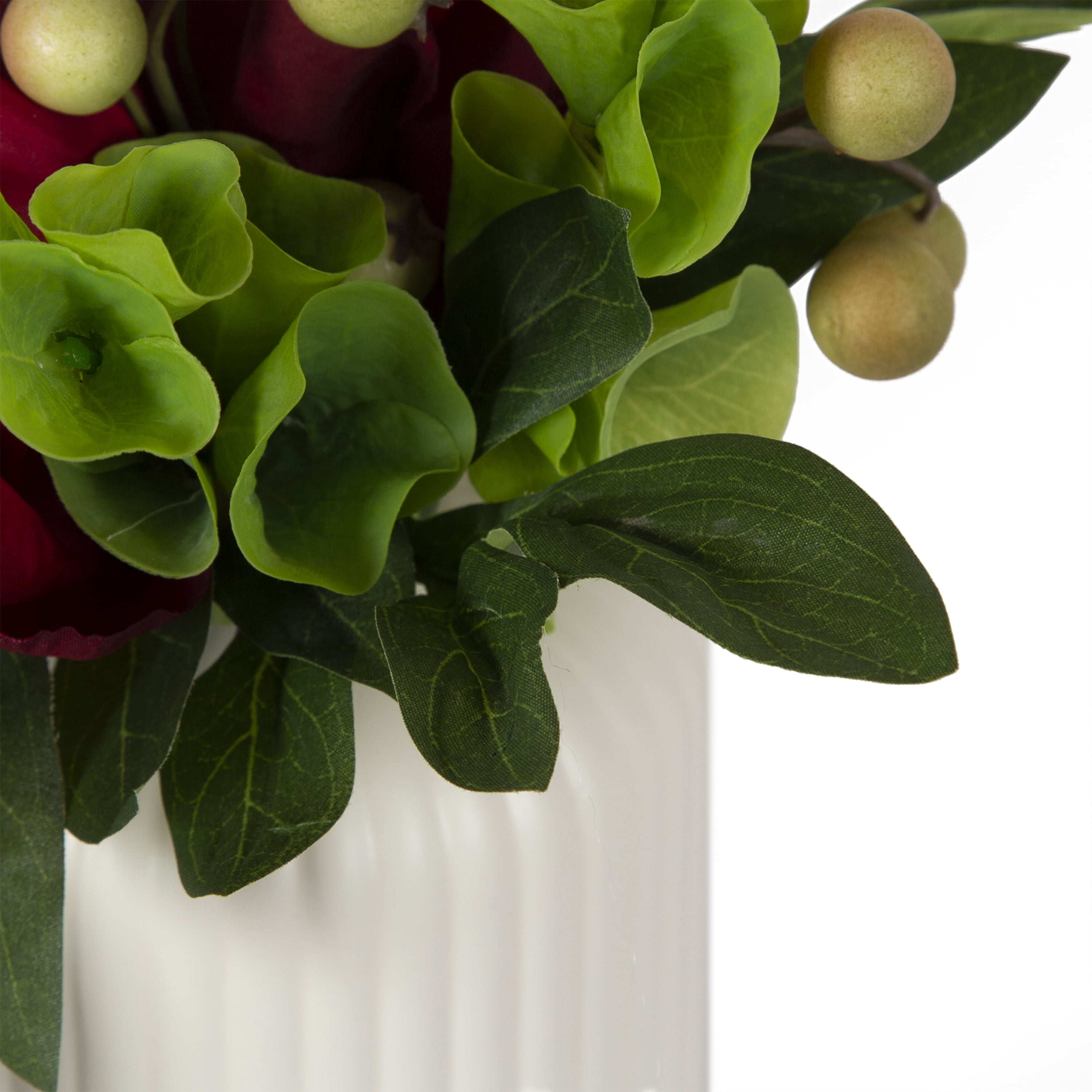 Better Homes & Gardens 7.5" Artificial Red Peony Flowers in Ribbed off-White Ceramic Vase