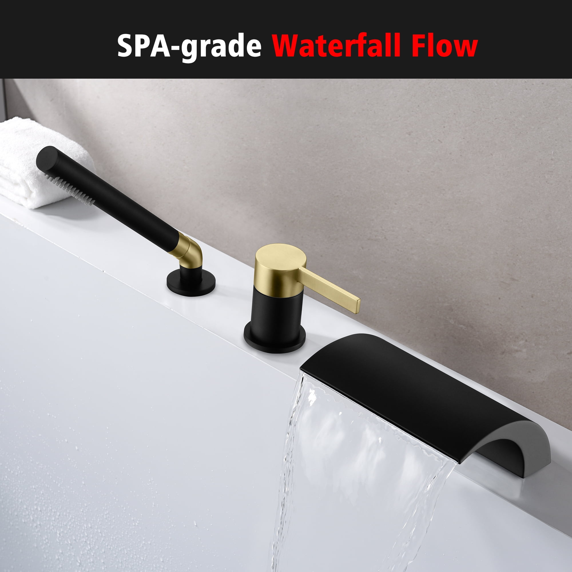 SUMERAIN 3 Hole Roman Tub Faucet with Hand Shower, High Flow Waterfall Tub Filler Black and Gold Finish