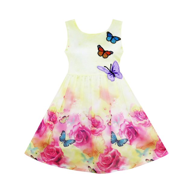 Girls Dress Rose Flower Print Butterfly Embroidery Purple 5 Years