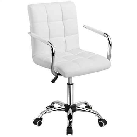 Yaheetech Height Adjustable Office Chair Mid Back PU Leather 360° Swivel Large Seat Stylish Computer Chair on Wheels with Armrests,White