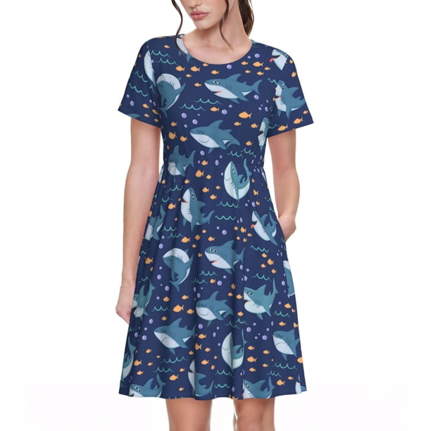 Balery Cartoon Sharks2 Vestidos sueltos de manga corta para mujer, vestidos de verano 2025, vestidos casuales de corte A con vuelo.