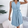 thumbnail image 5 of VSSSJ Women's Cross V Neck Sleeveless Tunic Mini Pleated Dresses Solid Color Belted Slim Elegant A-Line Swing Summer Short Dress Blue L, 5 of 7