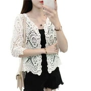Women Knitted Lace Shrug Boho Hollow Crochet Floral 3/4 Sleeves Open Front Cropped Cardigan Elegant Mesh Sweater Coveup