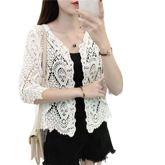 Women Summer Knitted Lace Shrug Boho Hollow Crochet Floral 3/4 Sleeves Open Front Cropped Cardigan Elegant Short Mesh Sweater Cover Up Outwear