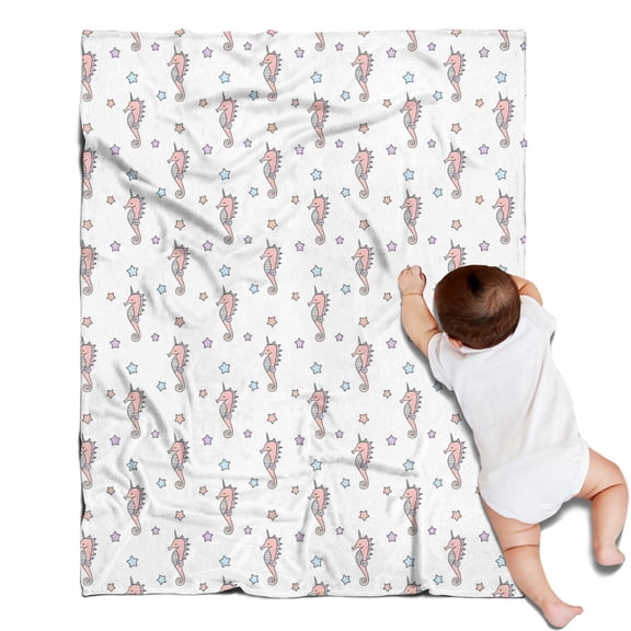 White Cartoon Seahorse Star Pattern Blanket,Comfortable Soft Flannel Throw Blanket,All Season,Warm Lightweight Blankets for Sofa Bed Couch Living Room Chair,30"x40"