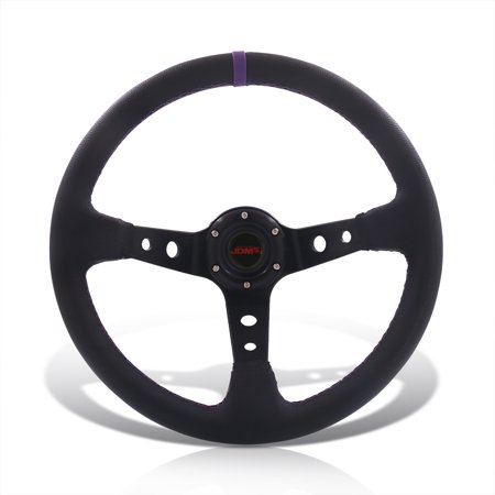AJP Distributors JDM Sport Universal 350mm 14" 6-Bolt Hole Deep Dish Steering Wheel Black PVC Leather Purple Stitch Pin Stripe Light Weight Aluminum 3 Spoke +Horn Button Replacement