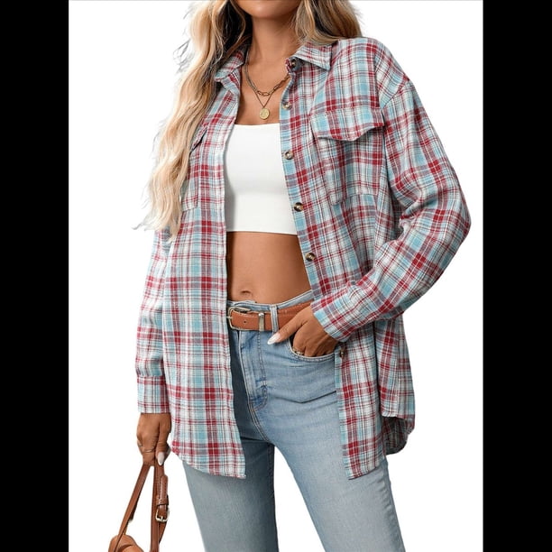 Camisa Abotonada para Mujer, Camisa A Cuadros, Larga, Solapa, Informal, para Negocios, Trabajo Rojo y Azul XXL