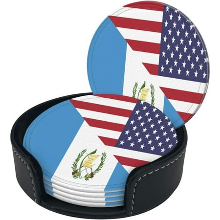 

America Guatemala Friendship Flag Premium Leather Coasters - Set of 6 with Holder | Stylish Drink Coasters for Kitchen Coffee and Home Decor