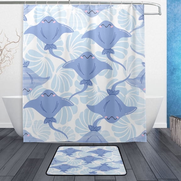 TTYFWHD 60" x 72" Shower Curtain and Bath Mat Set Cute Ocean Stingray Art Waterproof Bathroom Curtain with 12 Hooks, Bathroom Decor Set