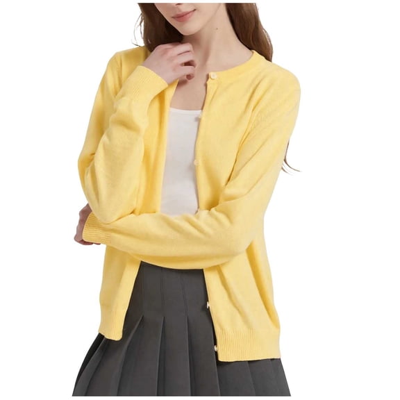 Lightweight Sweater Cardigan for Women Knitted Crew Neck Long Sleeve Button Down Coat Trendy Casual Comfy Clothes (XL, Yellow)