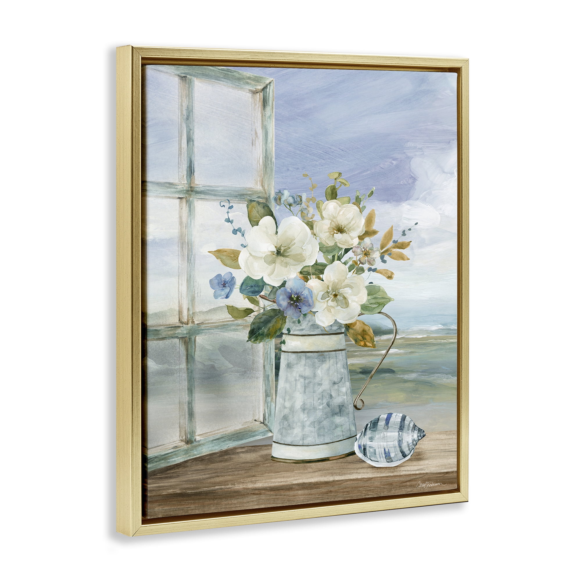 Stupell Industries Seaside Floral Bouquet Window Gold Framed Floater Canvas Wall Art, design by Carol Robinson