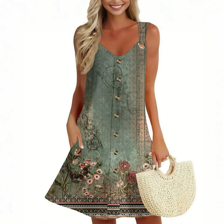 Nokdvo Women Summer Dresses Casual V Neck Beach Sundress