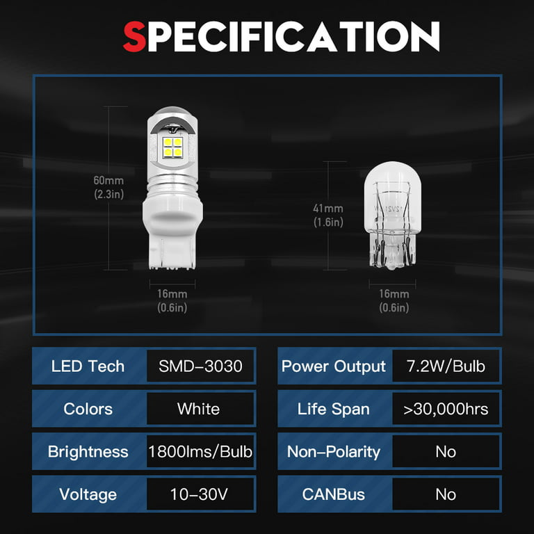 2pcs T20 - W21/5W LED Bulbs CANbus, Powerful ICE White Light 6500K