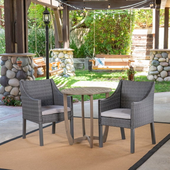 Jameson Outdoor 3 Piece Acacia Wood and Wicker Bistro Set with Cushions, Gray, Gray, Silver