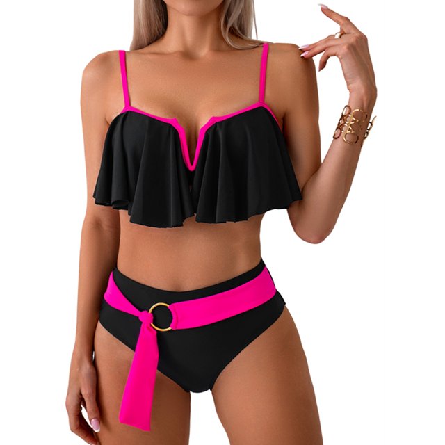 SUNSIOM Mommy and Me Swimsuit, Contrast Color Leaves Print Ruffled Bra with Briefs Family Matching Swimsuit 2-piece Summer Bikini Set