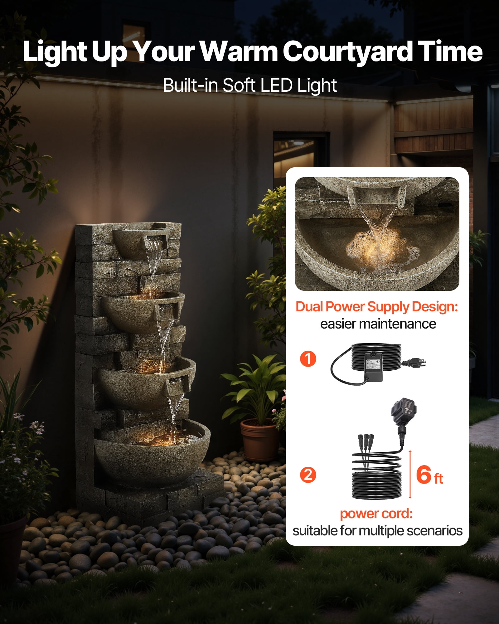 VEVOR Outdoor Water Fountain,35.63 in Height Fountain and Waterfall, 4-Tier Floor Standing Cascading Fountains with LED Light and Pump, Block Stack Style, for Outdoor Indoor Garden, Patio & Backyard