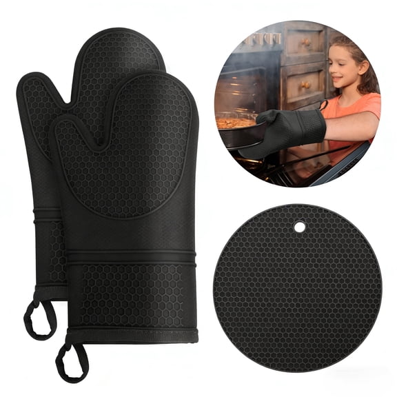 4-Piece Silicone Oven Mitts and Pot Holders Set, Round Honeycomb Heat Resistant Mats, Non-Slip Kitchen Trivets for Cooking, Baking, Grilling (Black)