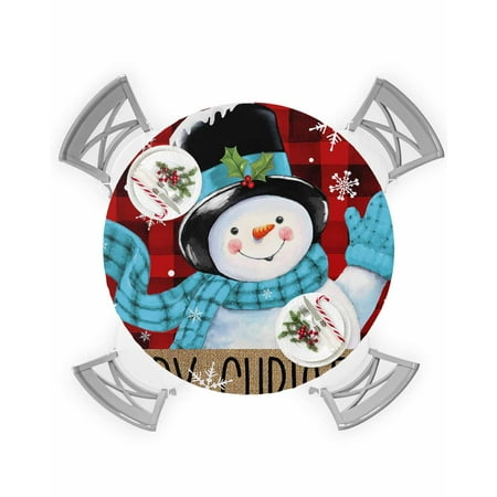 

Round Tablecloth with Elastic Red Merry Buffalo Plaid Christmas Eve Scarf Snowman Waterproof Table Cover Wipeable Fitted Table Cloths for 45 -54 Round Tables Dining Kitchen Indoor Outdoor Use