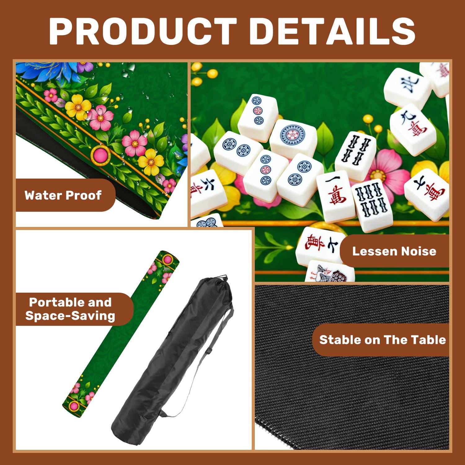 Mahjong Mat 31.5" x 31.5" Abstract Floral Peacock Motifs Vibrant Colors Non-Slip Noise Reduction Mahjong Tiles Table Cover for Dominoes Poker Card Board and Tile Games