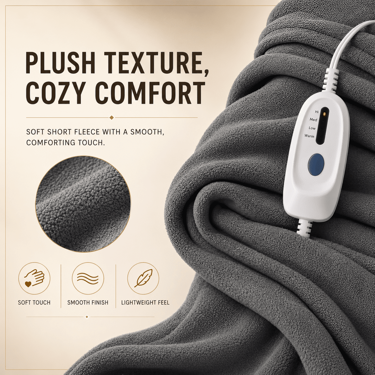 SUNNY HEAT Electric Heated Blanket, 72'' x 84'', Comfortable Polar Fleece, Light Grey