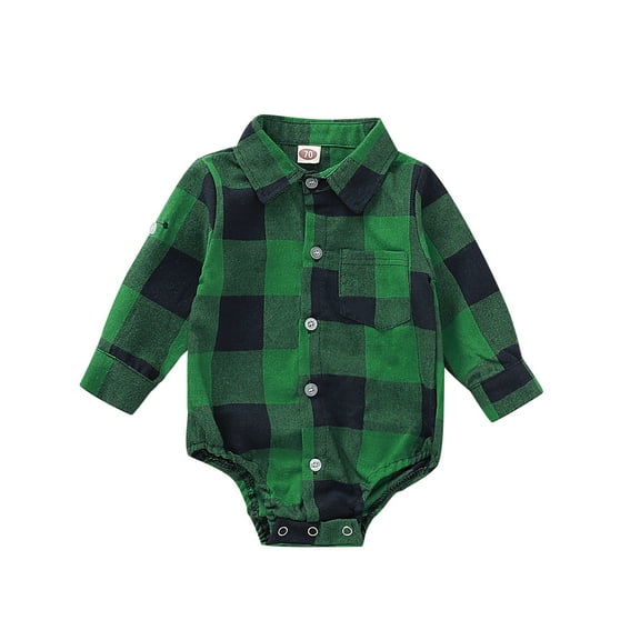 KIMI BEAR Newborn Baby Boys Bodysuits Lapel Plaid Print Romper Long Sleeves Bodysuits Fall Winter Button Overalls Green 6-12 Months