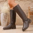thumbnail image 3 of Women's Knee High Riding Boots Casual Leather Round Toe Low Heel Fashion Buckle Strap Mid Calf Motorcycle Booties Coffee 9, 3 of 6