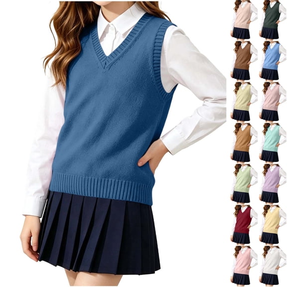 Husipze Sleeveless Sweater Vest for Girl Knit School Uniform Pullover Lightweight Breathable Preppy Layering Top Navy 5-6 Years