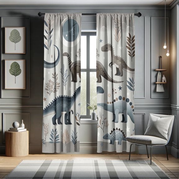 Ambesonne Dinosaur Curtains, Funny Nights Star Jurassic, Pair of 28"x63", Purpleblue Pale Grey