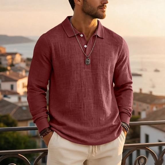 gzxflxpge Linen Polo Shirt for Men Beach Vacation Button Up Long Sleeve Collared T Shirts Fall Winter Classic Fit Solid Color Stylish Tees Wine 3XL