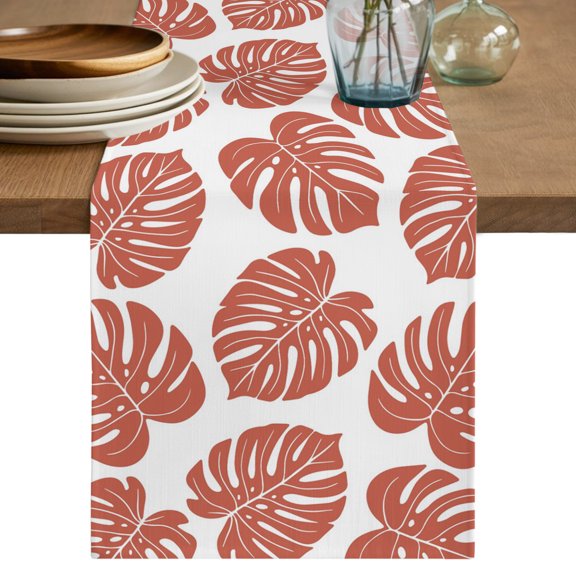 Table Runners 70 Inches Long Dress Scarves, Red Monstera Leaf Farmhouse Coffee/Dining/Kitchen Table Decor, Holiday Table Runner, Tropical Plant Foliage Botanical Boho 13x70 Inch