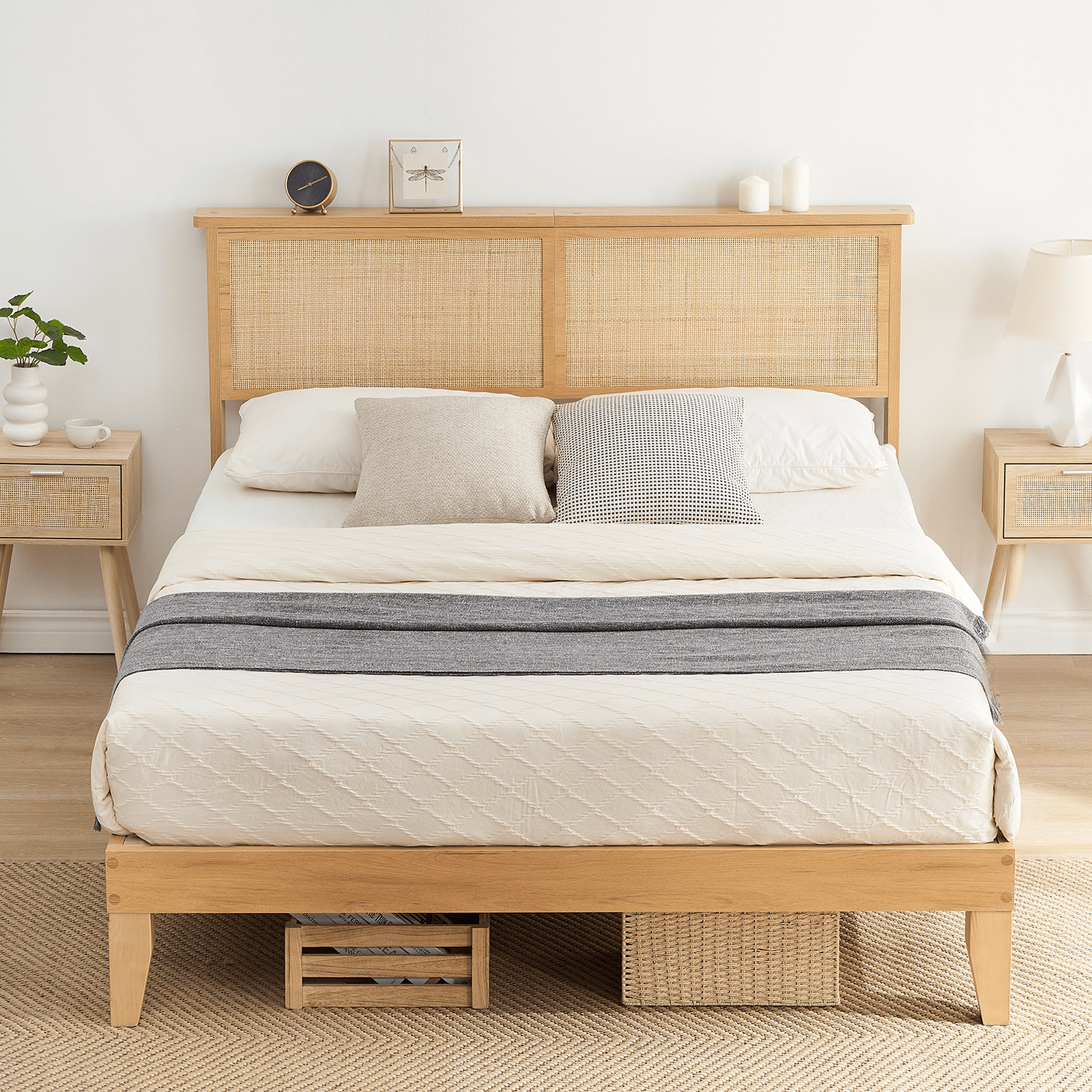 Rattan Queen Bed Frame, Queen Size Bed Frame with Natural Rattan Headboard, Platform Bed Frame with LED Lights, Under Bed Storage and Wooden Legs Support, Noise-Free, No Box Spring Needed