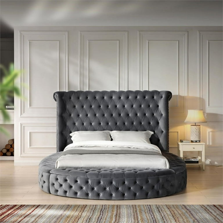 Maklaine Contemporary Upholstered Round Storage King Bed in Gray