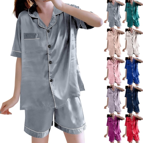 YHAJDS 2 Piece Sleepwear Short Sleeve Button Down with Shorts Summer Pajama Set for Women