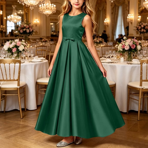 LEKWK Girls Maxi Dress Satin Sleeveless Crewneck A Line Princess Dress Elegant Flowy Evening Gown with Bow Waist for Wedding Guest Prom Performance Party 0-15Y