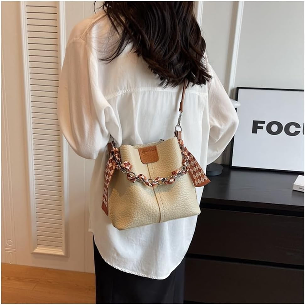 Leather Bucket Bag with Thick Chain for Women Hobo Bucket Bags and Purses Casual Crossbody Shoulder Bucket Handbag