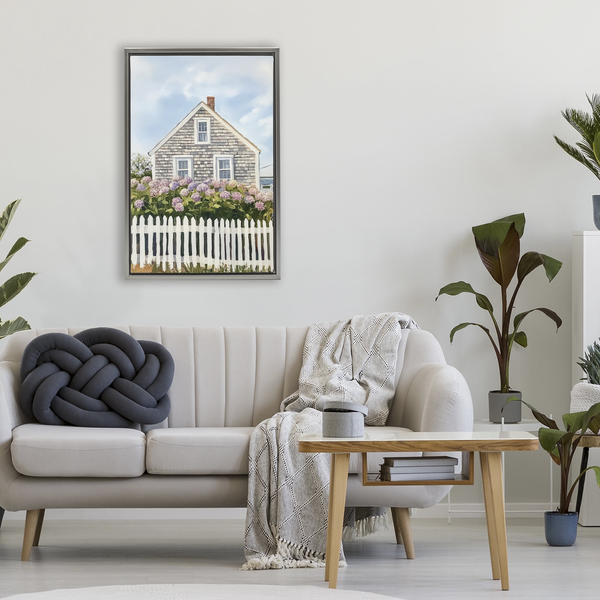 Stupell Industries Coastal Cottage Hydrangea Garden Gray Framed Floater Canvas Wall Art, design by Sisi and Seb